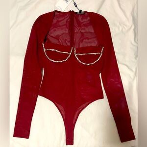 Bardot Red Sheer Long Sleeve Bodysuit